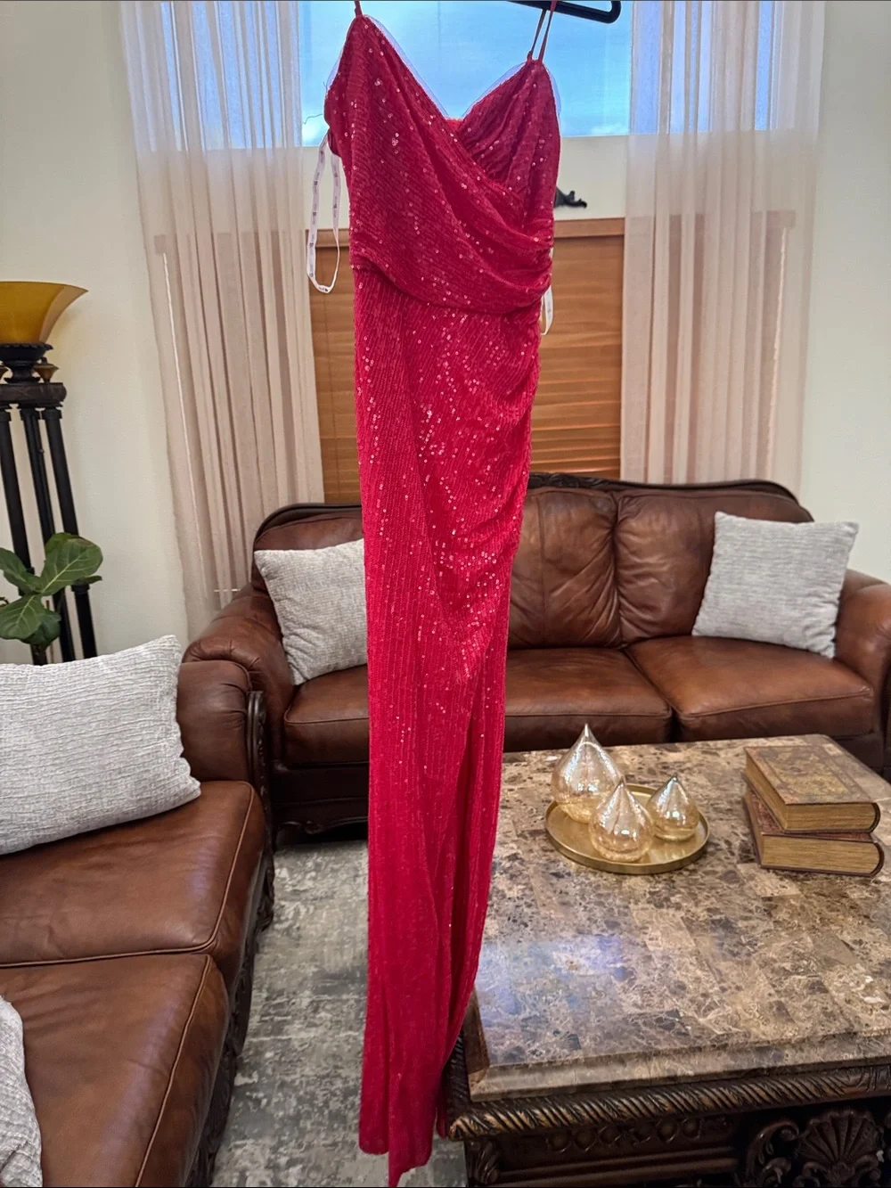 Red Sequin Draped Evening Dress - Size 2